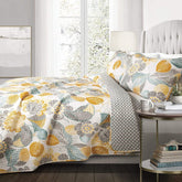Full/Queen 3-Piece Yellow Grey Teal Floral Cotton Quilt